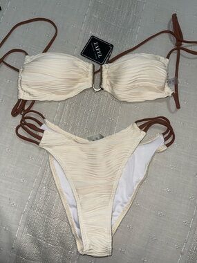 Zaful Cream Bikini Set with Brown Strap Accents
